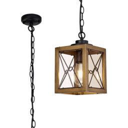 Clarendon Pendant, 1 x E27, Wood Effect & Black, Clear Glass, IP54, 2yrs Warranty - thumbnail 1