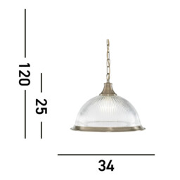 American Diner 1 Light Dome Ceiling Pendant Antique Brass, Ribbed Glass, E27 - thumbnail 3