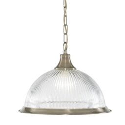 American Diner 1 Light Dome Ceiling Pendant Antique Brass, Ribbed Glass, E27 - thumbnail 1