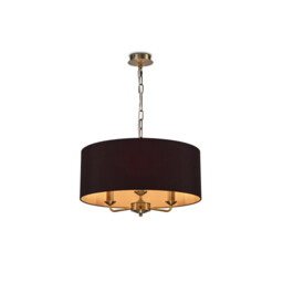 Banyan 3 Light Multi Arm Pendant, E14 Antique Brass With 50cm x 20cm Dual Faux Silk Shade, Black/Green Olive