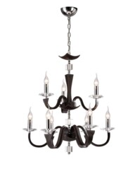 Nardini Ceiling Pendant Chandelier 2 Tier 9 Light Polished Chrome Dark Brown Faux Leather, Crystal