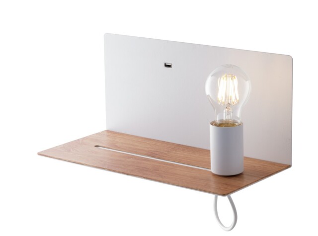 Flash Reading Usb Wall Lamp Shelf, White, Wood, E27