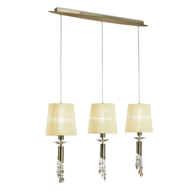 Tiffany Linear Pendant 3+3 Light E27+G9 Line, Antique Brass With Cream Shades & Clear Crystal - image 1