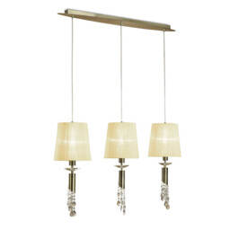 Tiffany Linear Pendant 3+3 Light E27+G9 Line, Antique Brass With Cream Shades & Clear Crystal