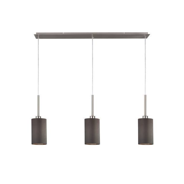 Baymont Satin Nickel 3 Light E27 Linear Pendant, With 12cm Faux Silk Shade, Grey - image 1