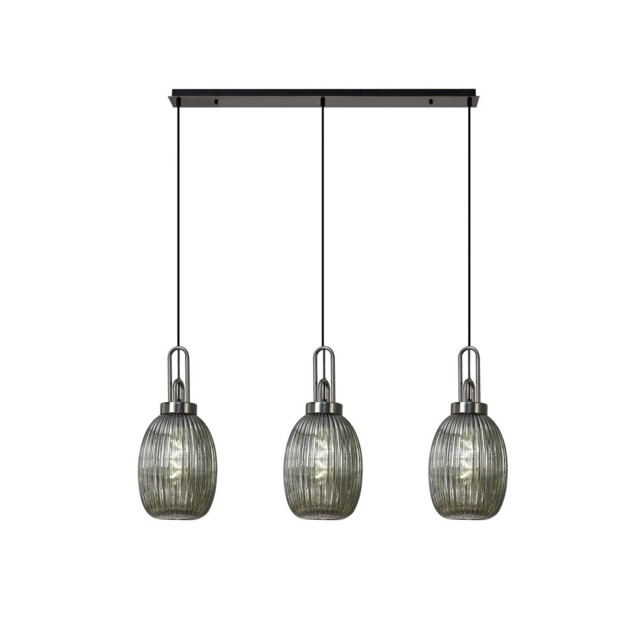 Yorktown Linear 3 Light Ceiling Pendant With 20cm Almond Ribbed Glass, Black Chrome, Matt Black Smoked - image 1