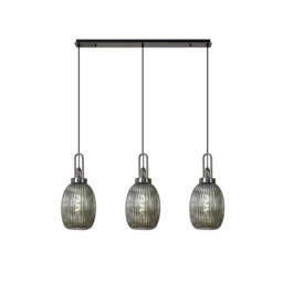 Yorktown Linear 3 Light Ceiling Pendant With 20cm Almond Ribbed Glass, Black Chrome, Matt Black Smoked