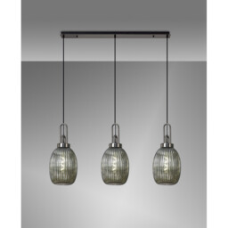 Yorktown Linear 3 Light Ceiling Pendant With 20cm Almond Ribbed Glass, Black Chrome, Matt Black Smoked - thumbnail 3