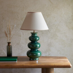Monroe Gloss Green Glaze Table Lamp with Vintage White Fabric Ivy Shade 30cm B22 - thumbnail 3