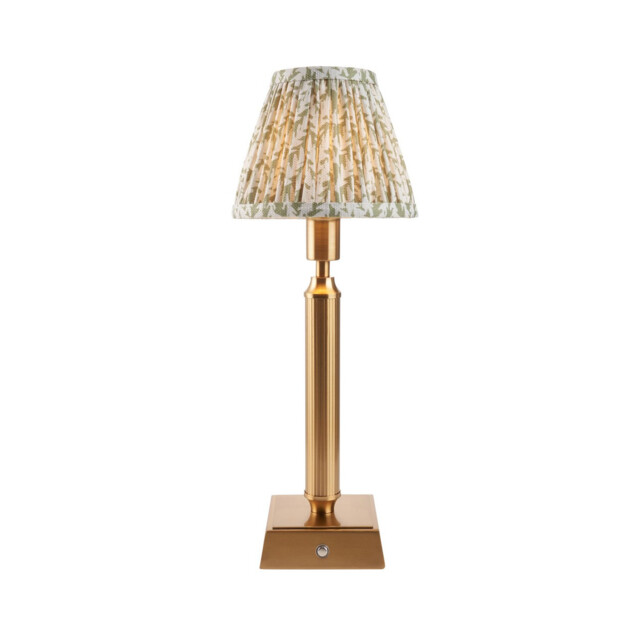 Trobridge Rechargeable Brushed Aged Brass Plate Table Lamp with Herb Garden Green Fabric Leaf Shade 16cm Integrated LED - image 1