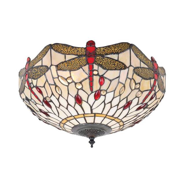 Dragonfly 2 Light Medium Ceiling Flush Light Dark Bronze, Beige, Tiffany Style Glass, E27 - image 1