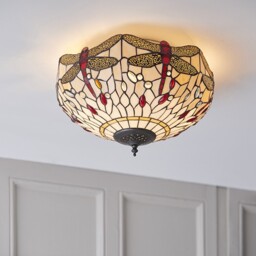 Dragonfly 2 Light Medium Ceiling Flush Light Dark Bronze, Beige, Tiffany Style Glass, E27 - thumbnail 2