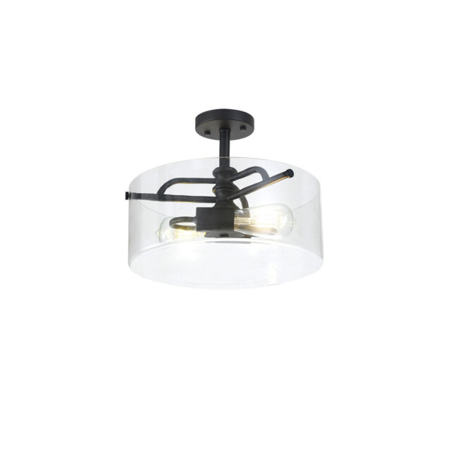Clarence Semi Flush Ceiling Lamp, 2 Light E27, Sand Black, Clear Glass - image 1