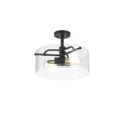 Clarence Semi Flush Ceiling Lamp, 2 Light E27, Sand Black, Clear Glass