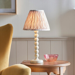 Higgledy Gloss Almond White Paint Table Lamp with Neutral Print Fabric Ikat Shade 25cm E14 - thumbnail 2