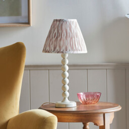 Higgledy Gloss Almond White Paint Table Lamp with Neutral Print Fabric Ikat Shade 25cm E14 - thumbnail 3