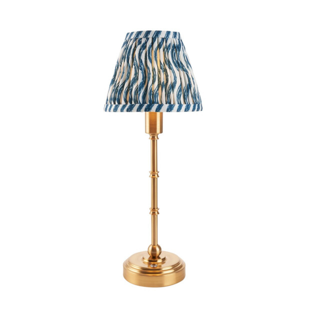 Burley Rechargeable Brushed Aged Brass Plate Table Lamp with Marlin Blue Fabric Ripple Shade 16cm Integrated LED - image 1