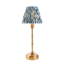 Burley Rechargeable Brushed Aged Brass Plate Table Lamp with Marlin Blue Fabric Ripple Shade 16cm Integrated LED