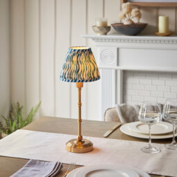 Burley Rechargeable Brushed Aged Brass Plate Table Lamp with Marlin Blue Fabric Ripple Shade 16cm Integrated LED - thumbnail 2