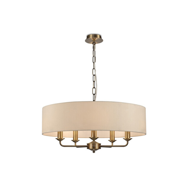 Banyan 5 Light Multi Arm Pendant, E14 Antique Brass With 60cm x 15cm Faux Silk Shade, Ivory Pearl/White Laminate - image 1