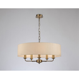 Banyan 5 Light Multi Arm Pendant, E14 Antique Brass With 60cm x 15cm Faux Silk Shade, Ivory Pearl/White Laminate - thumbnail 2