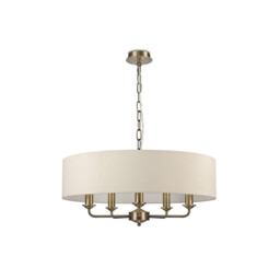 Banyan 5 Light Multi Arm Pendant, E14 Antique Brass With 60cm x 15cm Faux Silk Shade, Ivory Pearl/White Laminate - thumbnail 5