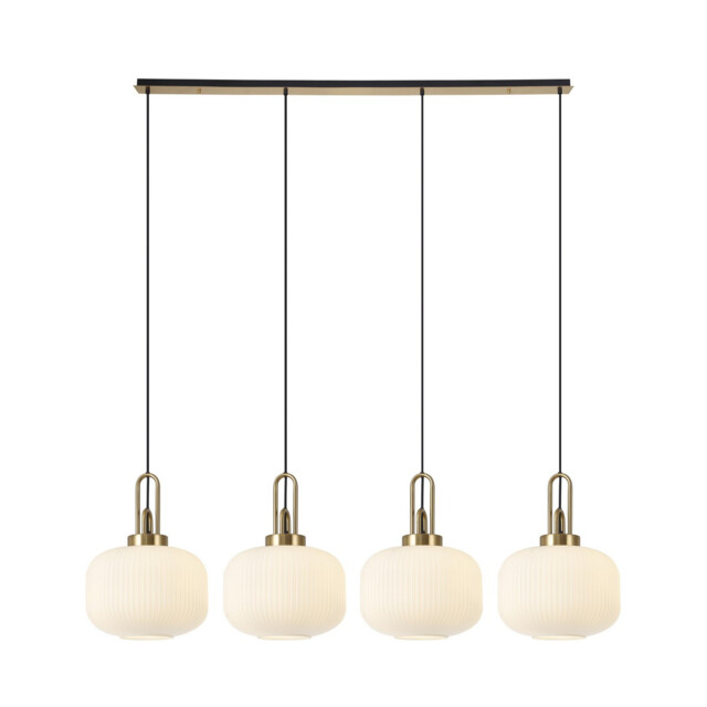 Yorktown Linear Pendant, 4 x E27, Brass Gold/Matt Black With 30cm Pumpkin Shaped Ribbed Opal Glass - image 1