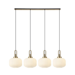 Yorktown Linear Pendant, 4 x E27, Brass Gold/Matt Black With 30cm Pumpkin Shaped Ribbed Opal Glass