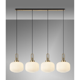 Yorktown Linear Pendant, 4 x E27, Brass Gold/Matt Black With 30cm Pumpkin Shaped Ribbed Opal Glass - thumbnail 3