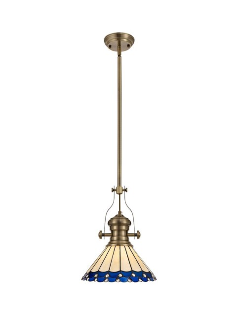 Schroon 1 Light Telescopic Ceiling Pendant E27 With 30cm Tiffany Shade, Antique Brass, Blue, Crystal