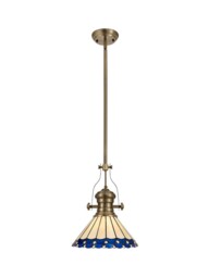 Schroon 1 Light Telescopic Ceiling Pendant E27 With 30cm Tiffany Shade, Antique Brass, Blue, Crystal