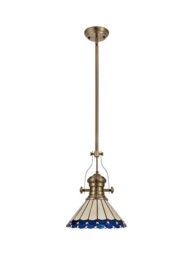 Schroon 1 Light Telescopic Ceiling Pendant E27 With 30cm Tiffany Shade, Antique Brass, Blue, Crystal - thumbnail 3