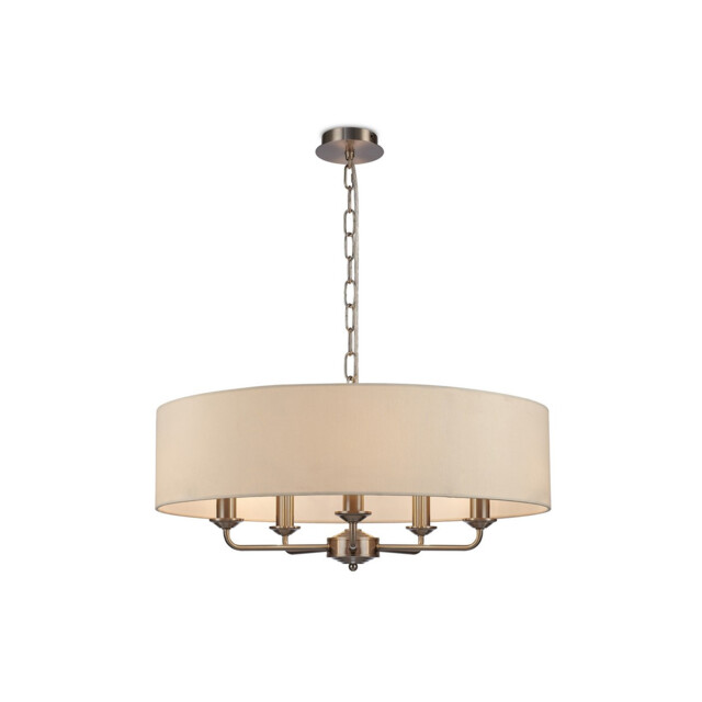 Banyan 5 Light Multi Arm Pendant, E14 Satin Nickel With 60cm x 15cm Faux Silk Shade, Ivory Pearl/White Laminate - image 1