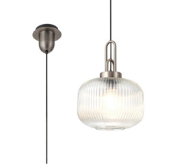 Yorktown 1 Light Pendant E27 30cm Pumpkin Shaped Ribbed Glass, Clear Antique Silver, Black - thumbnail 1