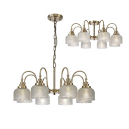 DeRuyter Semi Flush, Ceiling Pendant, 8 Light E27, Antique Brass, Prismatic Glass - thumbnail 1