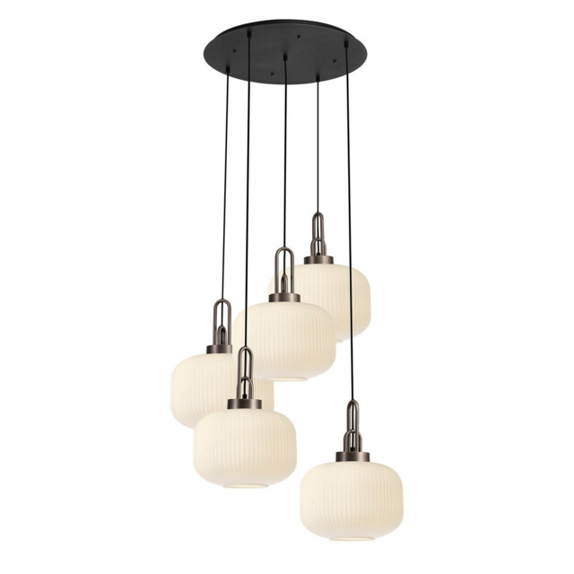 Yorktown 75cm 2.5m Round Pendant, 5 x E27, Antique Silver/Matt Black With 30cm Pumpkin Shaped Ribbed Opal Glass - image 1
