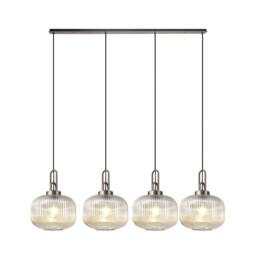 Yorktown Linear Pendant, 4 x E27, Antique Silver/Matt Black With 30cm Pumpkin Shaped Ribbed Champagne Glass