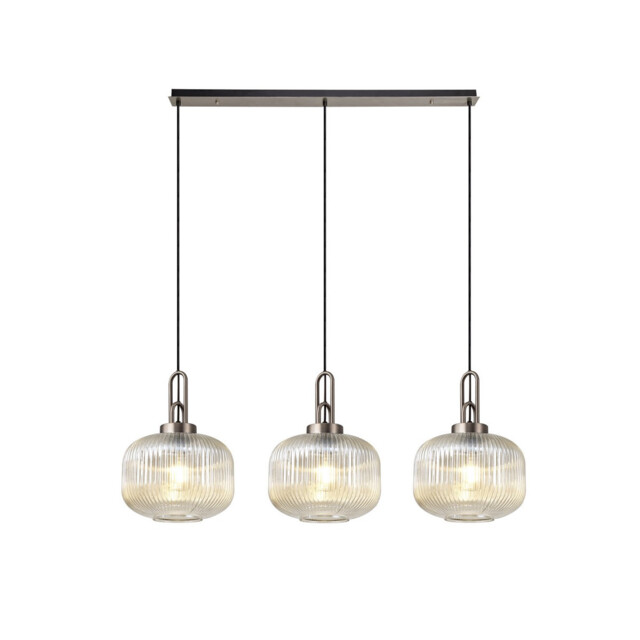 Yorktown Linear 3 Light Pendant E27, Antique Silver/Matt Black With 30cm Pumpkin Shaped Ribbed Champagne Glass - image 1