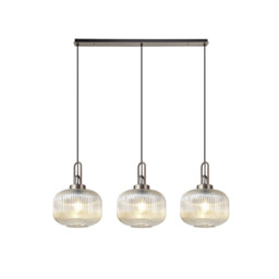 Yorktown Linear 3 Light Pendant E27, Antique Silver/Matt Black With 30cm Pumpkin Shaped Ribbed Champagne Glass