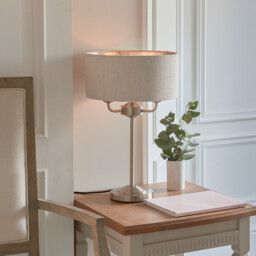 Highclere Table Lamp Brushed Chrome Plate, Natural Linen Shade - thumbnail 2