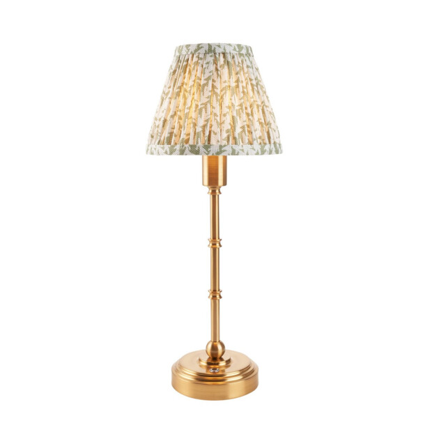 Burley Rechargeable Brushed Aged Brass Plate Table Lamp with Herb Garden Green Fabric Leaf Shade 16cm Integrated LED - image 1