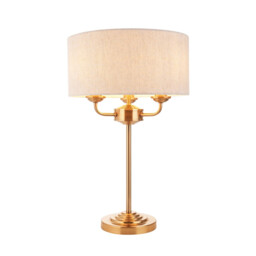 Highclere Table Lamp with Round Shade Vintage Brass, Natural Linen, 3x E14