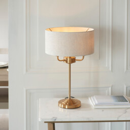 Highclere Table Lamp with Round Shade Vintage Brass, Natural Linen, 3x E14 - thumbnail 3