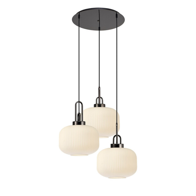 Yorktown 65cm 2m Round Pendant, 3 x E27, Black Chrome/Matt Black With 30cm Pumpkin Shaped Ribbed Opal Glass - image 1