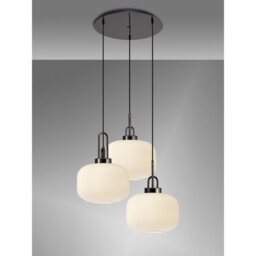Yorktown 65cm 2m Round Pendant, 3 x E27, Black Chrome/Matt Black With 30cm Pumpkin Shaped Ribbed Opal Glass - thumbnail 3