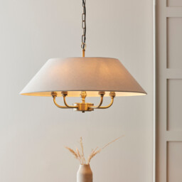 Lille Multi Arm Pendant Ceiling Light Antique Brass Plate & Natural Faux Linen 5x B22 - thumbnail 5
