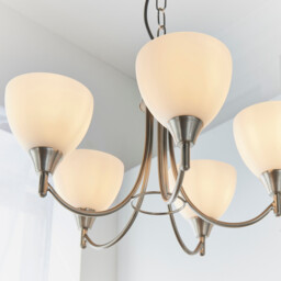 Alton 5 Light Multi Arm Ceiling Pendant Satin Chrome, Matt Opal Glass, E14 - thumbnail 3