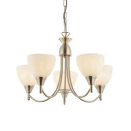 Alton 5 Light Multi Arm Ceiling Pendant Satin Chrome, Matt Opal Glass, E14 - thumbnail 1