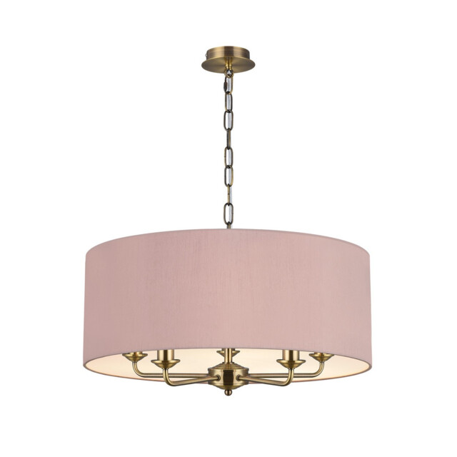 Banyan 5 Light Multi Arm Pendant, E14 Antique Brass With 60cm x 22cm Dual Faux Silk Shade, Taupe/Halo Gold - image 1