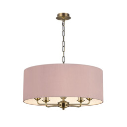 Banyan 5 Light Multi Arm Pendant, E14 Antique Brass With 60cm x 22cm Dual Faux Silk Shade, Taupe/Halo Gold - thumbnail 1
